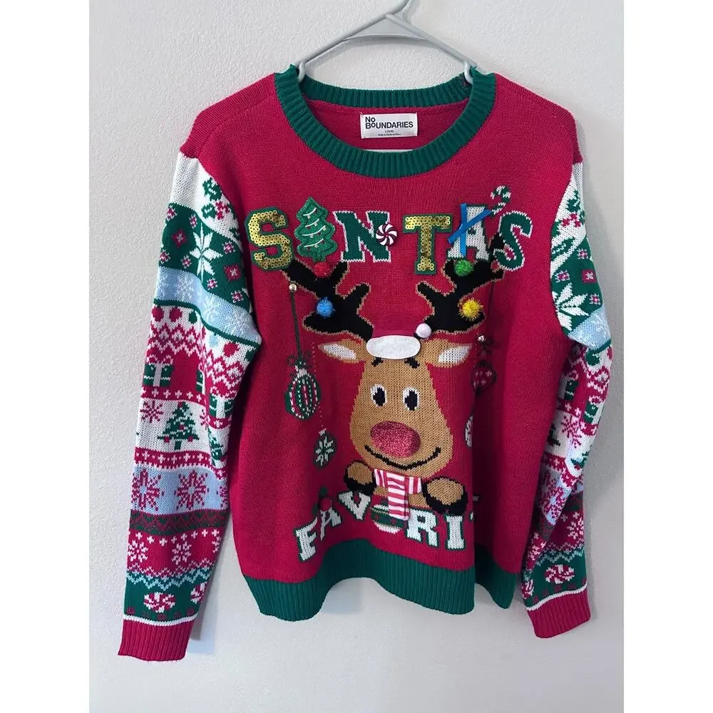 No Boundaries Christmas Sweater L Pullover Tunic Ugly Sweater Nerdy Deer bows - Picture 2 of 6